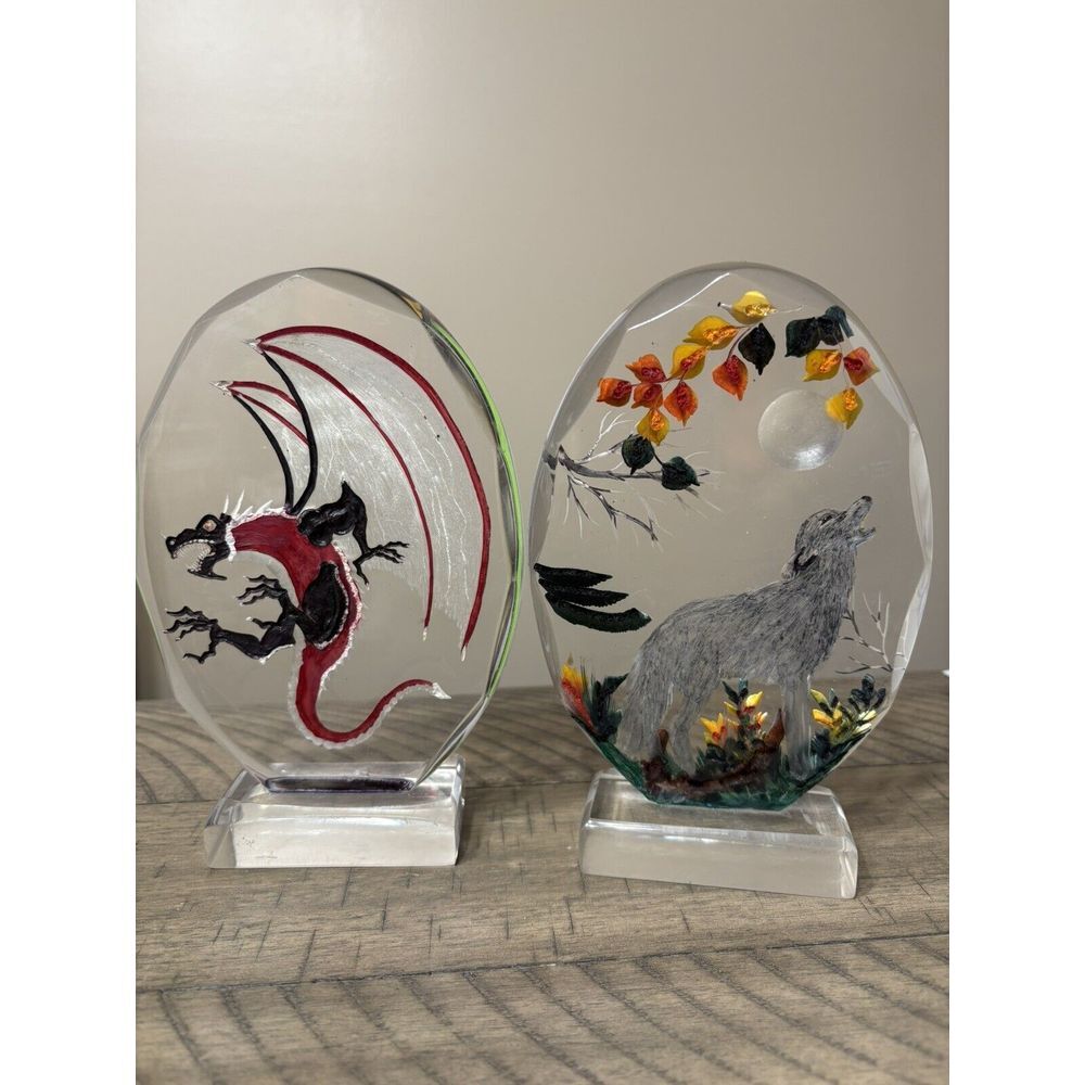 7" Painted Paper Weight Dragon Wolf Decor Resin Set Of Two Fantasy